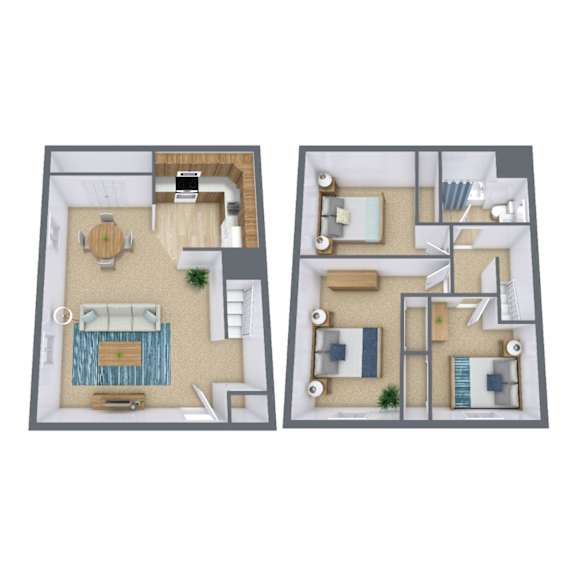 A floor plan of a two-story apartment with a living room, kitchen, and bedrooms.
