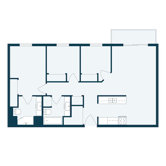 A floor plan of a house with a kitchen, living room, and two bedrooms.