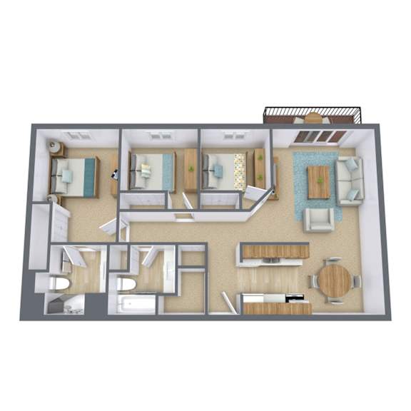 A 3D floor plan of a house with multiple rooms.