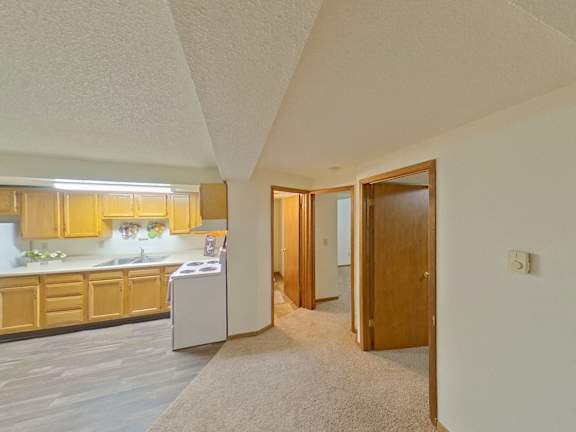 A kitchen with wooden cabinets and a white dishwasher.