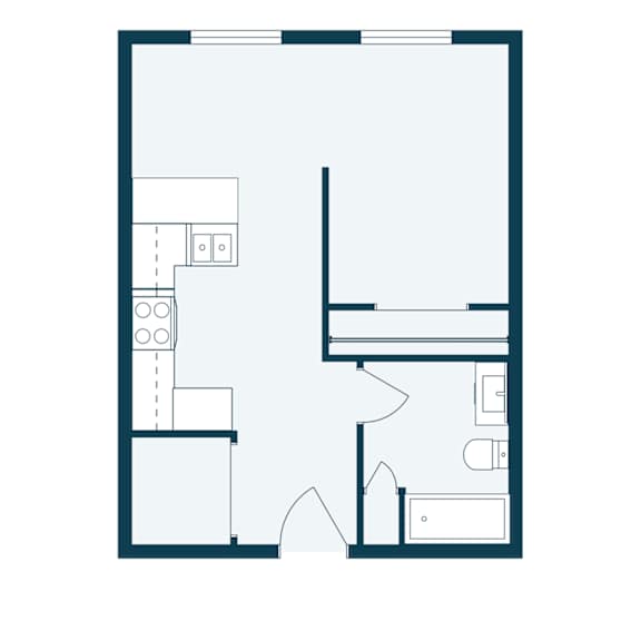 A floor plan of a room with a kitchen area and a living room area.
