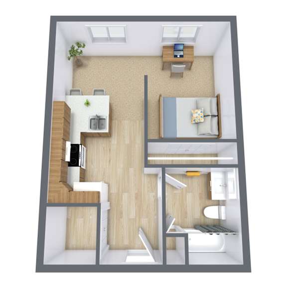 A 3D floor plan of a small apartment with a bedroom, living room, and kitchen.