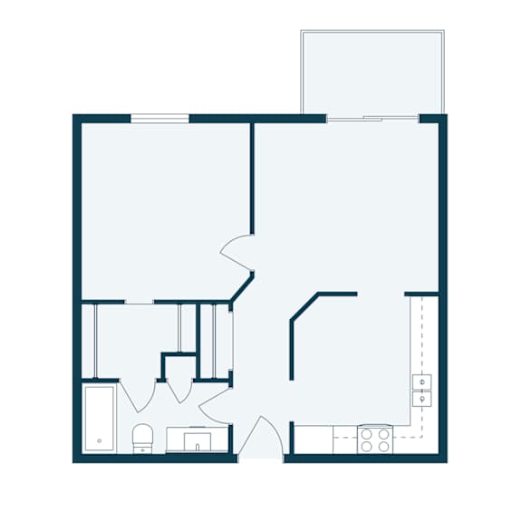 A floor plan of a house with a kitchen, living room, and bathroom.