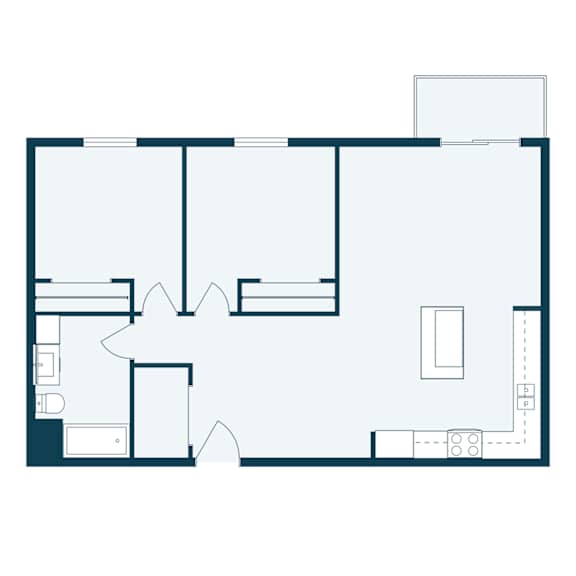 A floor plan of a house with a kitchen, living room, and two bedrooms.