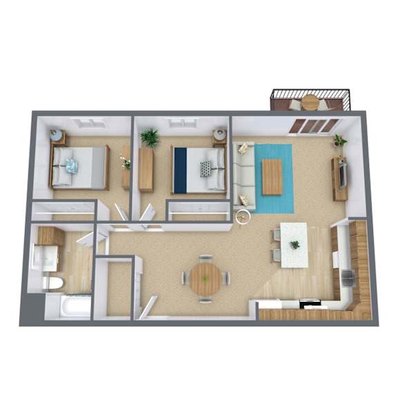 A top-down view of a modern apartment layout with a living room, dining area, kitchen, and bathroom.
