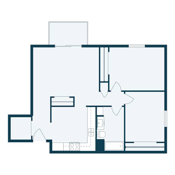 A floor plan of a house with a kitchen, living room, and bedrooms.