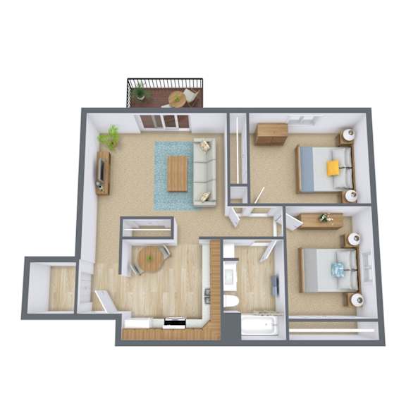 A 3D floor plan of a house with a living room, kitchen, and two bedrooms.