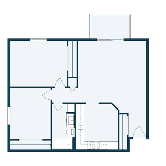 A floor plan of a house with a kitchen, living room, and bathroom.