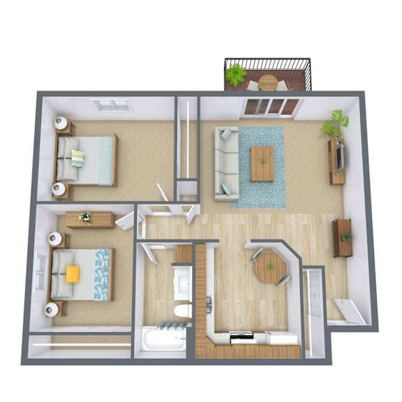 A 3D floor plan of a house with a living room, kitchen, dining room, and bathroom.