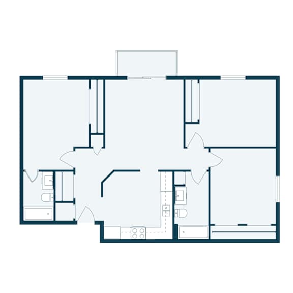 A floor plan of a house with a kitchen, living room, and two bedrooms.