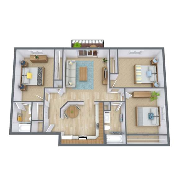 A 3D floor plan of a house with a kitchen, living room, and bathroom.