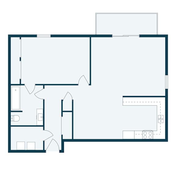 A floor plan of a house with a kitchen, living room, and two bedrooms.