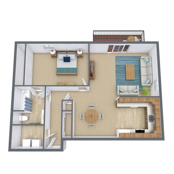 A 3D floor plan of a house with a kitchen, living room, and bedrooms.