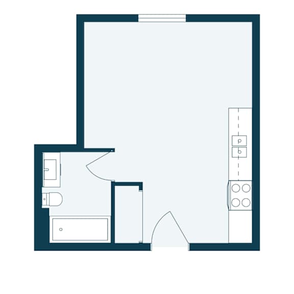 A floor plan of a room with a kitchen area and a bathroom.