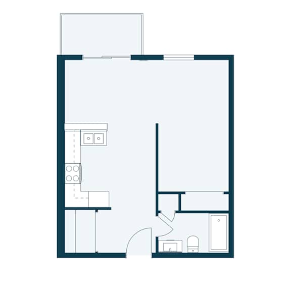A floor plan of a room with a kitchen area and a bathroom.