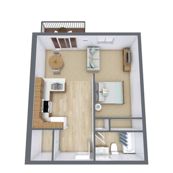 A 3D floor plan of a small apartment with a kitchen, living room, and bathroom.