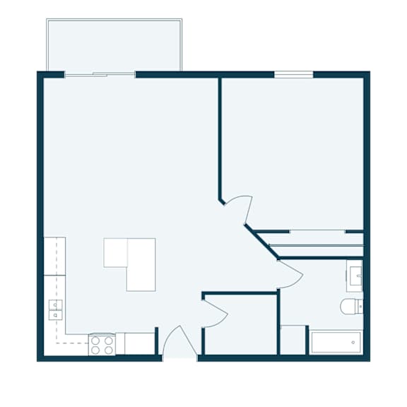 A floor plan of a house with a kitchen, living room, and bathroom.