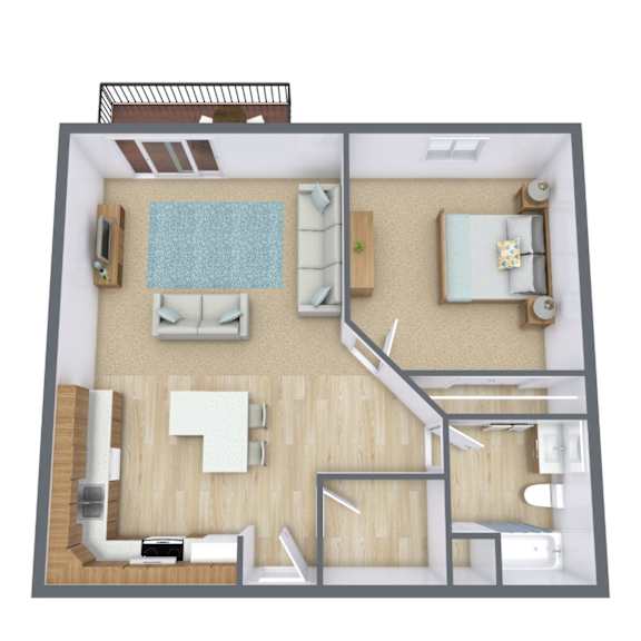 A 3D floor plan of a small apartment with a kitchen, living room, and bedroom.
