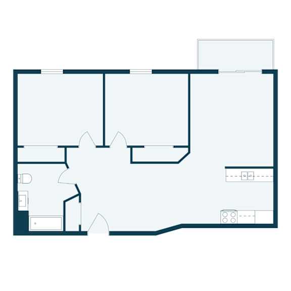 A floor plan of a house with a kitchen, living room, and two bedrooms.