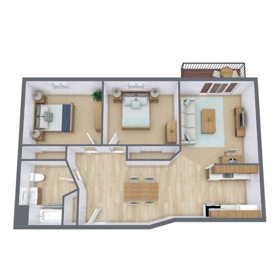 A 3D floor plan of a house with a kitchen, living room, and bedrooms.