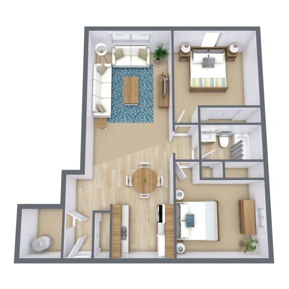 Floor Plan  a stylized floor plan of a bedroom with a living room and a bathroom