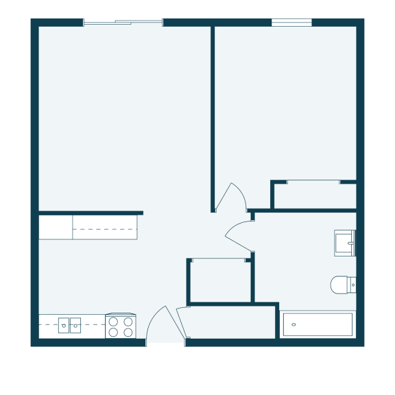 a floor plan of a small room with a bedroom and a kitchen. Crookston, ND Barrette Arms Apartments