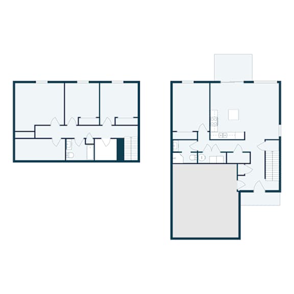 A floor plan of a house with two rooms and a kitchen.