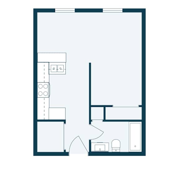 A floor plan of a room with a kitchen area and a bathroom.