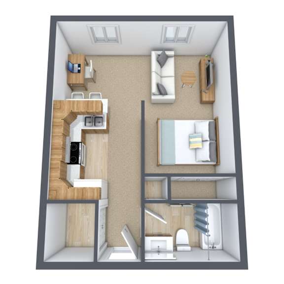 A 3D rendered image of a small apartment layout.
