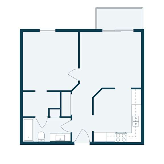 A floor plan of a house with a kitchen, living room, and two bedrooms.