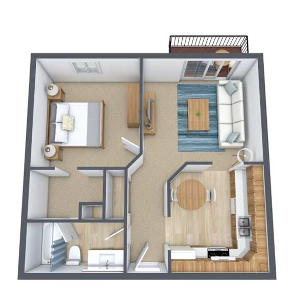 A 3D floor plan of a small apartment with a bedroom, living room, and kitchen.