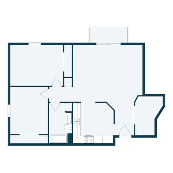 A floor plan of a house with a kitchen, living room, and two bedrooms.