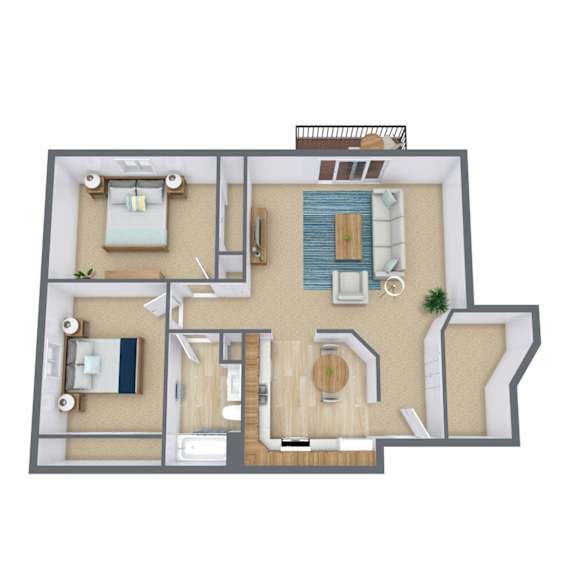 A top-down view of a house layout with a living room, kitchen, dining area, and bathroom.