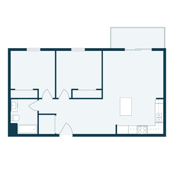 A floor plan of a house with a kitchen, living room, and two bedrooms.