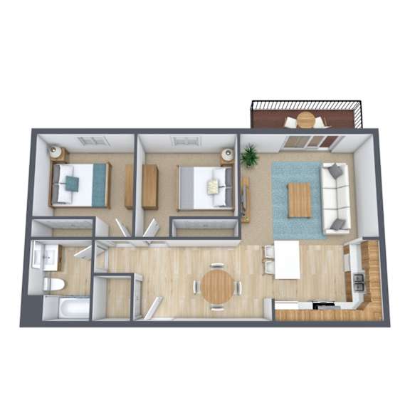 A 3D floor plan of a house with a kitchen, living room, and bathroom.