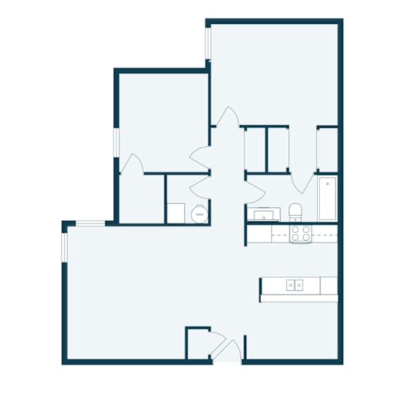 A floor plan of a house with a kitchen, living room, and two bedrooms.