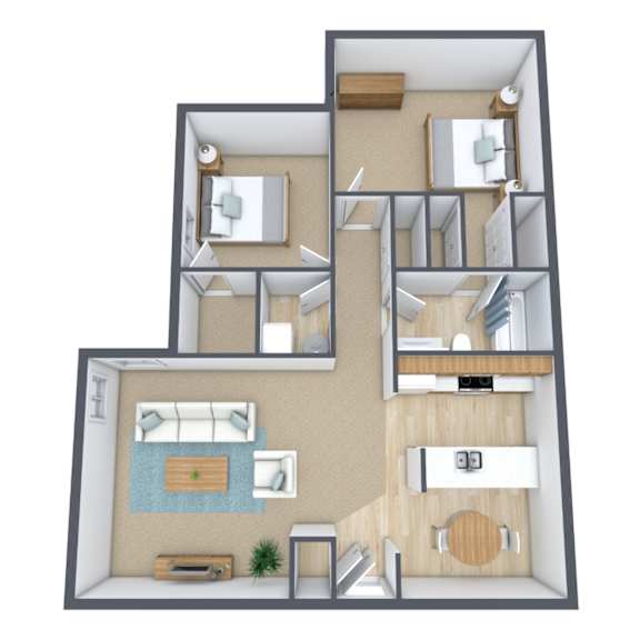 A 3D floor plan of a house with two bedrooms, a living room, a kitchen, and a bathroom.
