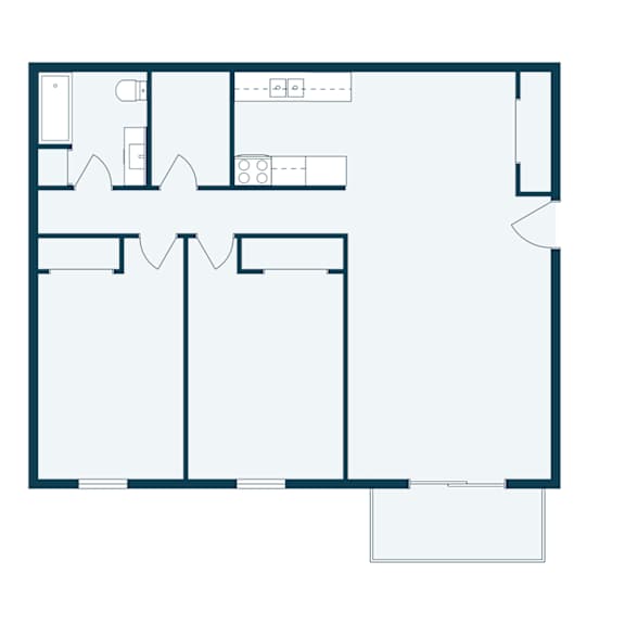 A floor plan of a house with a kitchen, living room, and two bedrooms.