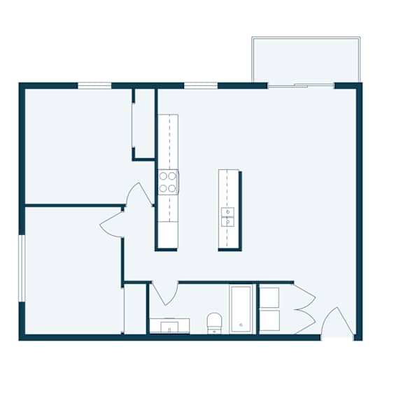A floor plan of a house with a kitchen, living room, and two bedrooms.