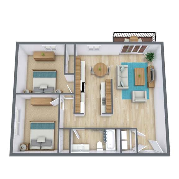 A 3D floor plan of a house with a living room, dining room, kitchen, and two bedrooms.