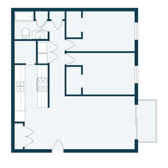 A floor plan of a house with a kitchen, living room, and two bedrooms.