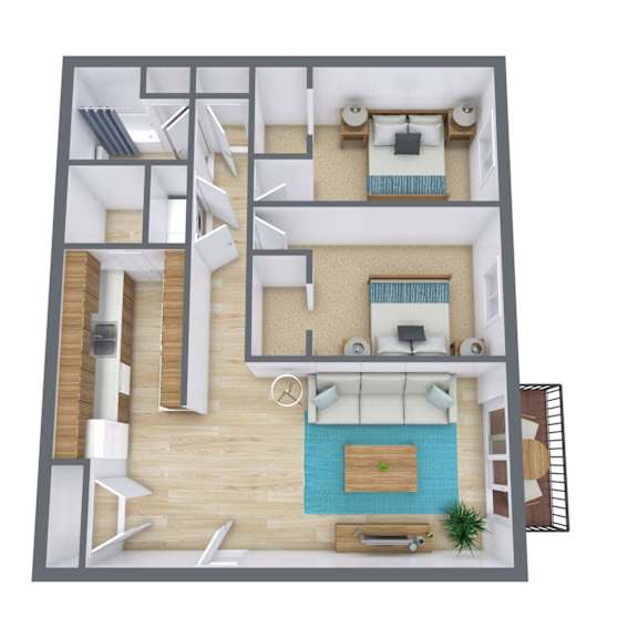 A 3D floor plan of a house with a living room, kitchen, and two bedrooms.