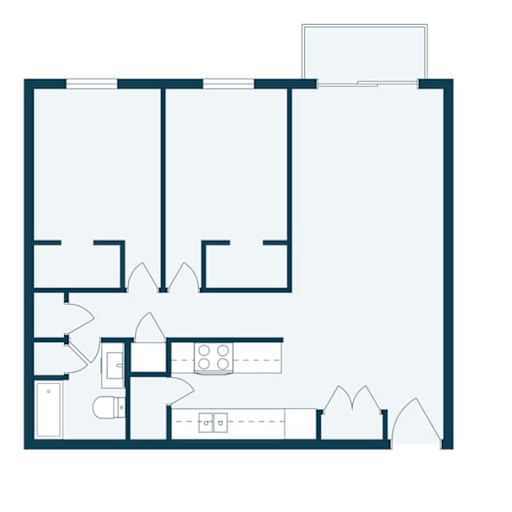 A floor plan of a house with a kitchen, living room, and bedrooms.