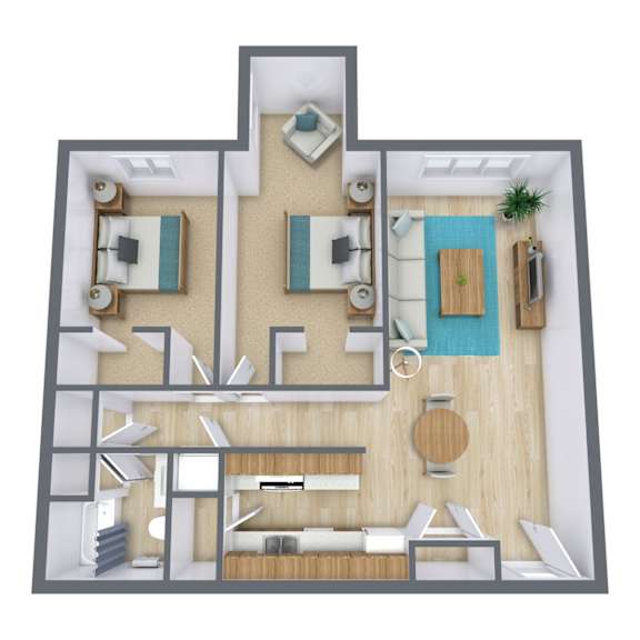 A top-down view of a house layout with two bedrooms, a living room, a kitchen, and a bathroom.