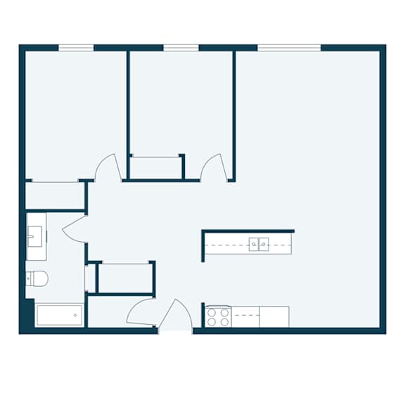 A floor plan of a house with a kitchen, living room, and two bedrooms.