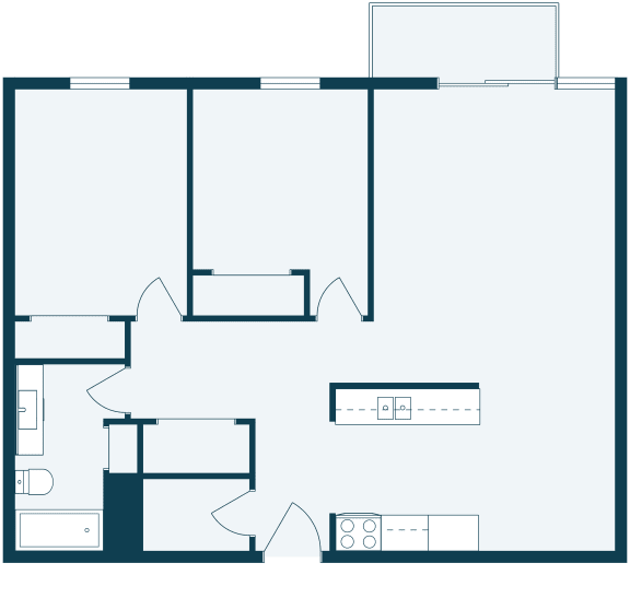 a floor plan of a living room with a bedroom and a kitchen and an open