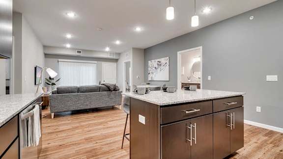 an open kitchen and living room with a couch in the background. Circle Pines, MN Lexington Lofts