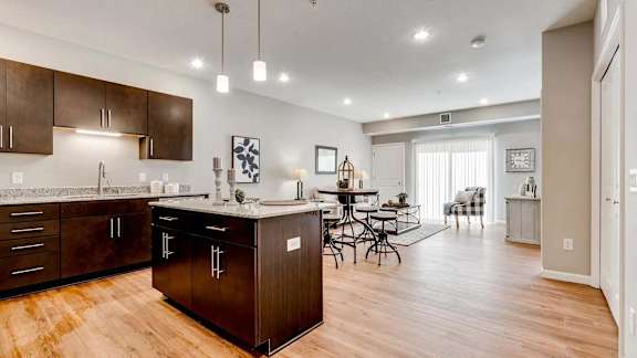 an open kitchen and living room with a dining room table. Circle Pines, MN Lexington Lofts