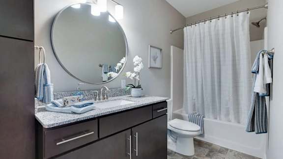 a bathroom with a sink and a toilet and a mirror. Circle Pines, MN Lexington Lofts