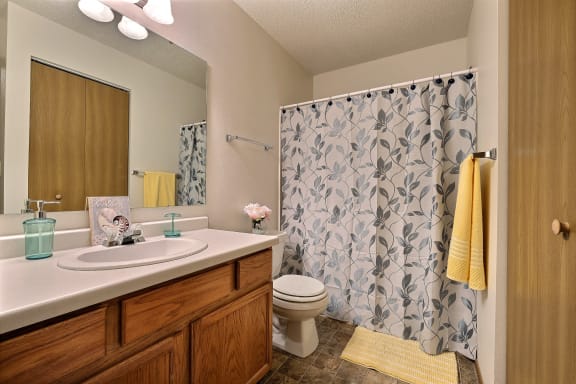a bathroom with a shower and a sink and a toilet. Fargo, ND Country Edge Apartments